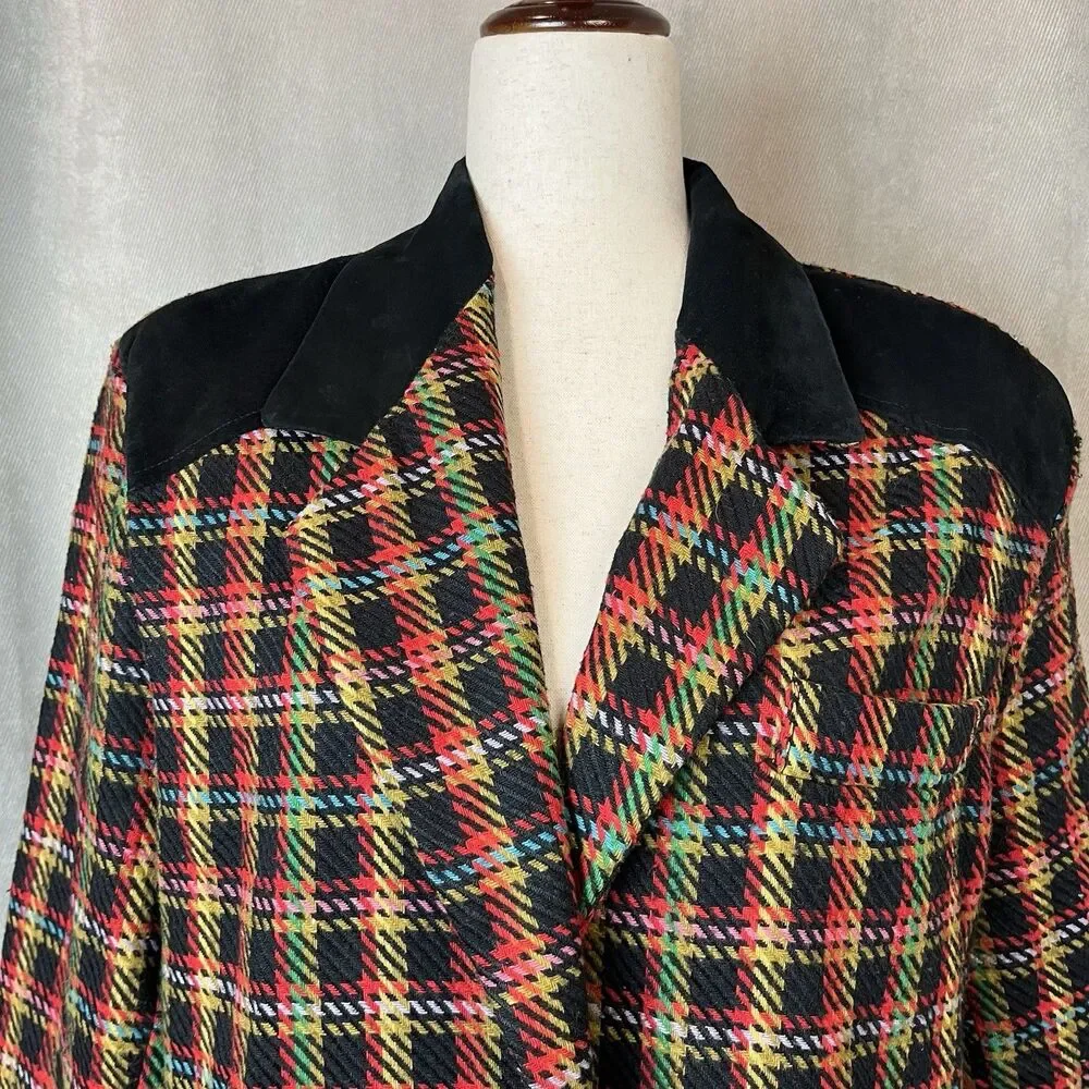 VTG Westerfield Plaid Wool Blend Blazer Suede Like Collar 80s Med USA Academia